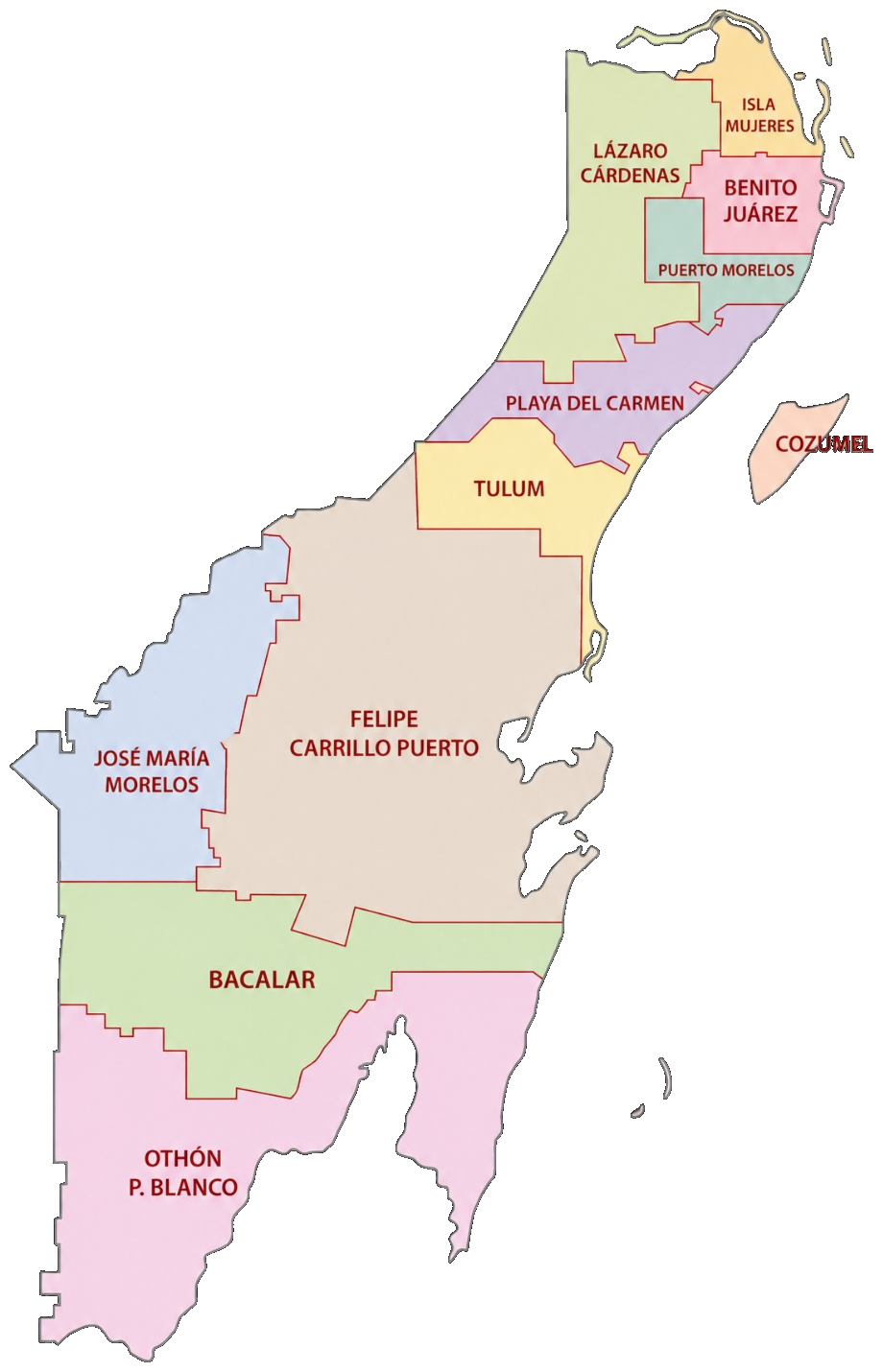 Mapa de Quintana Roo con división municipal